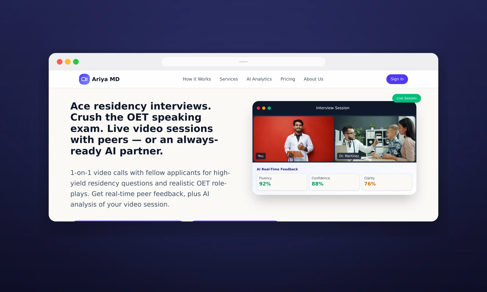 The Ariya MD home page, showing a live practice session with AI feedback