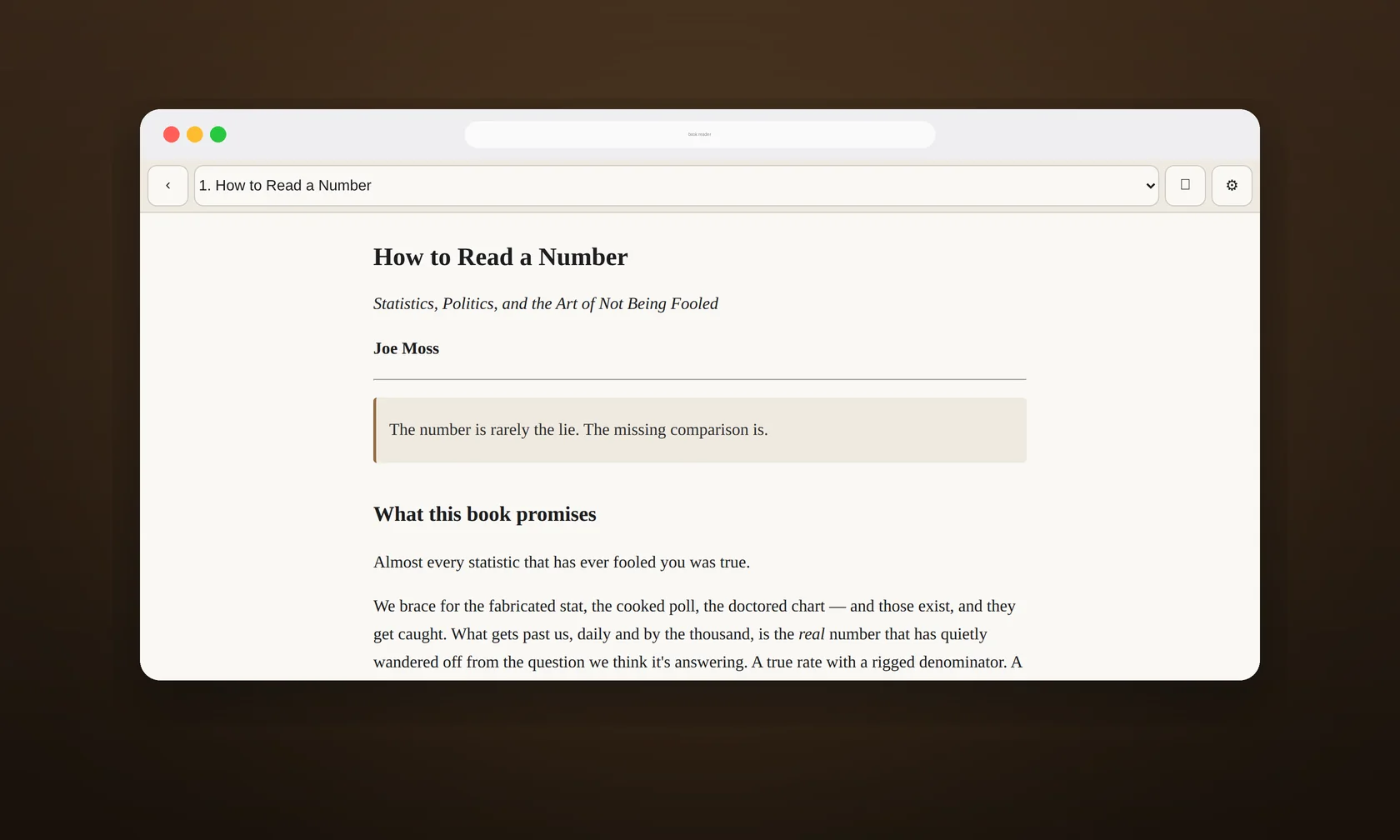 The Book Reader open on a chapter, with the chapter selector at the top and the narration controls along the bottom