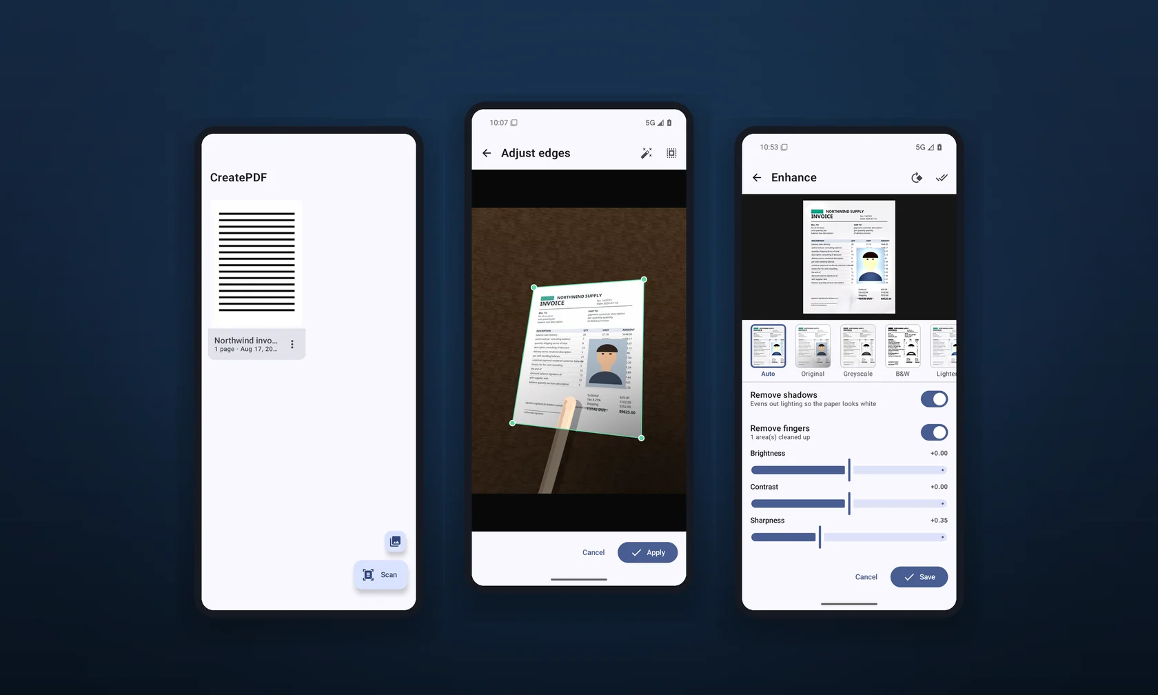 The CreatePDF Android app: document library, edge adjustment, and the enhance screen