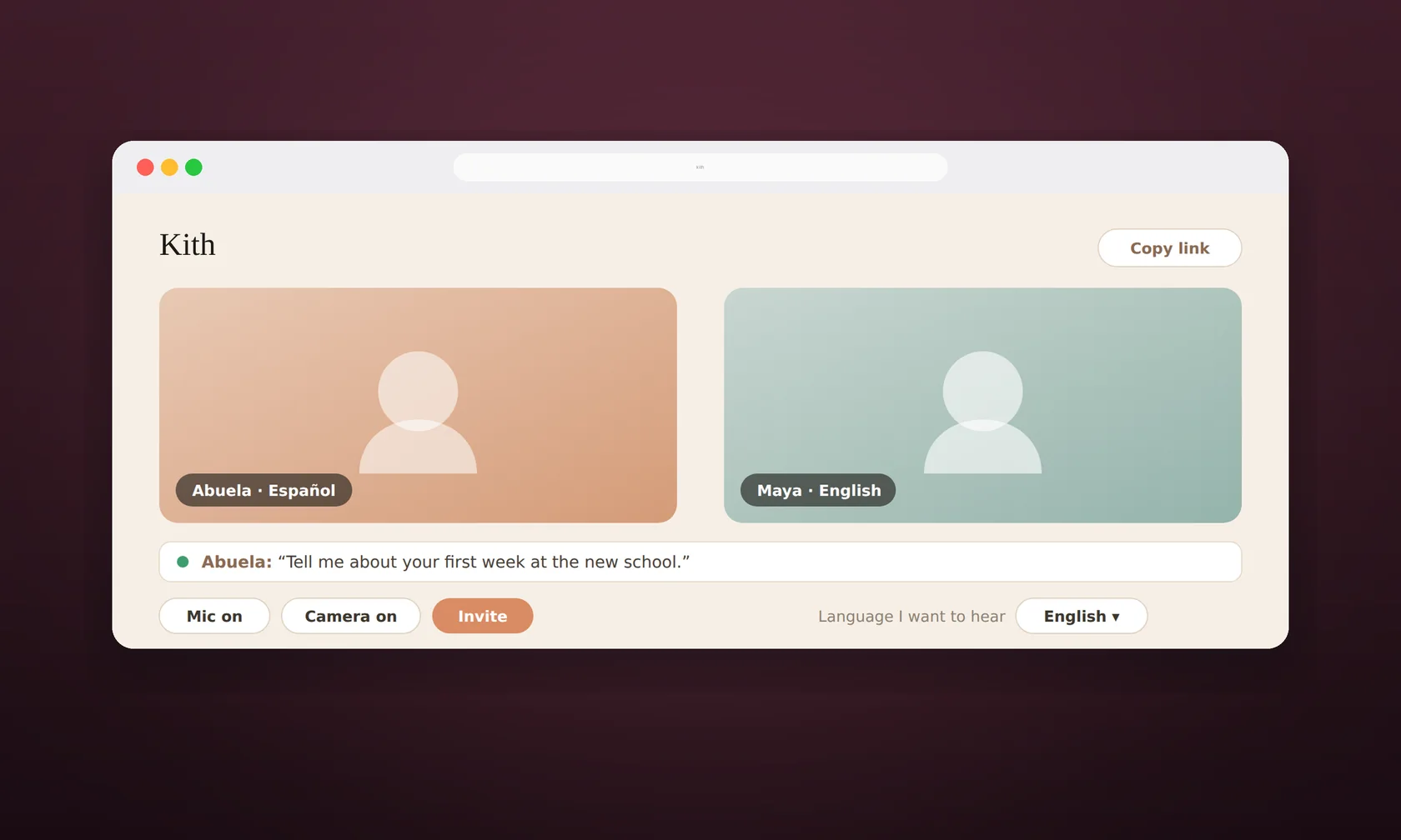 Illustration of the Kith call screen: two relatives on video, each hearing their own language, with live captions